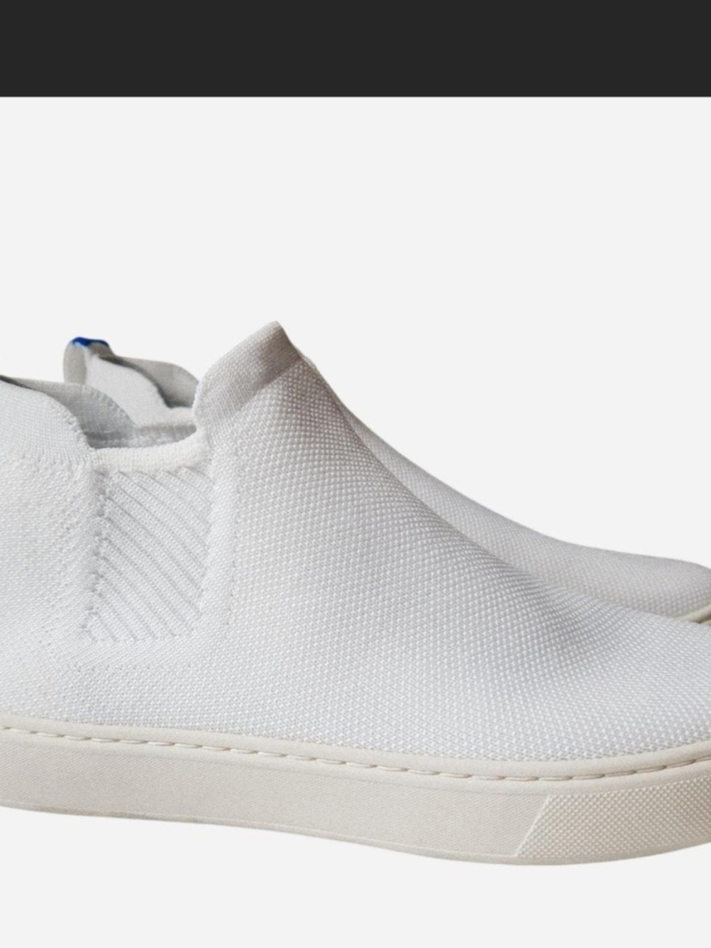 Rothy's White Slip-On Knit Sneakers with Blue Heel Tab